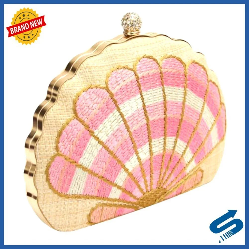 Straw Woven Clutch Purse Embroidered Shell Pattern Handbag Elegant Boho